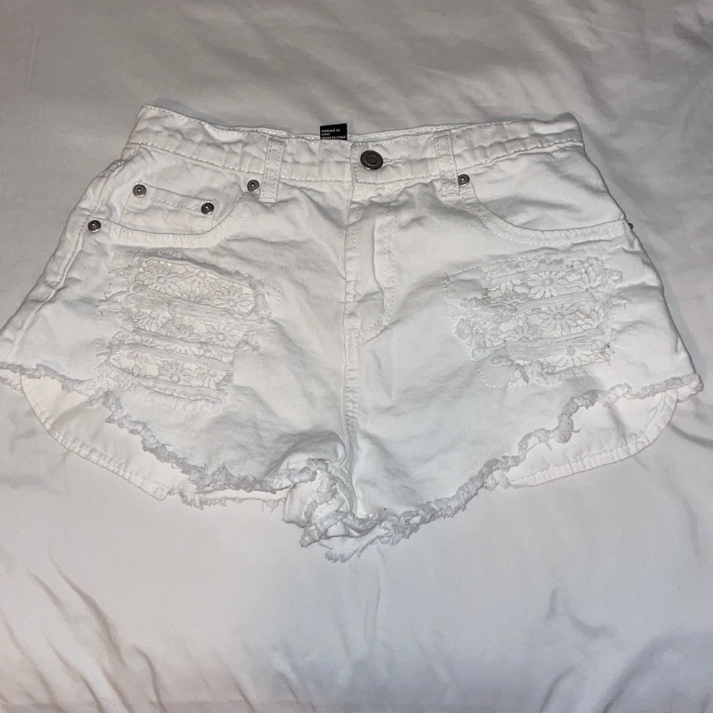 White floral denim shorts